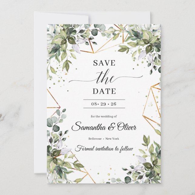 Save The Date Vert feuillage eucalyptus or feuille sauver la dat (Devant)