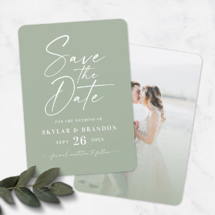 Save The Date Vert feuille simple avec script et Mariage photo