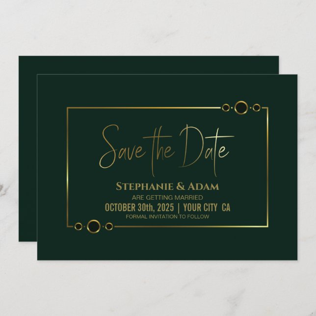 Save The Date Vert moderne avec cadre or Mariage Enregistrer la  (Devant / Derrière)