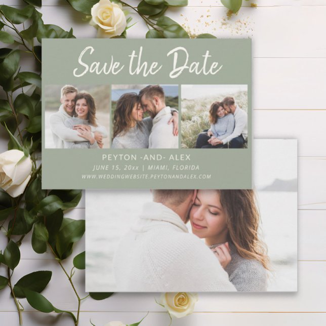 Save The Date Vert sauge 4-Photo 2 Faces Mariage Enregistrer la  (Elegant sage green 4-photo wedding Save the Date)