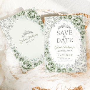 Save The Date Vert sauge argent floral Quinceanera