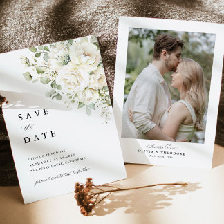 Save The Date Vert Sauge Blanc Floral Photo Mariage