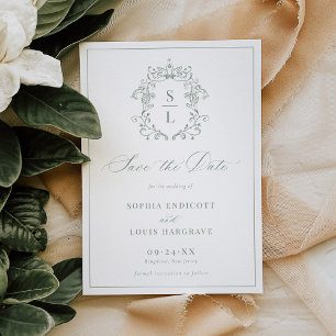 Save The Date Vert sauge élégant blason baroque monogramme maria