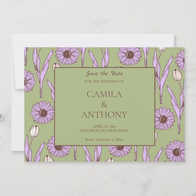 Save The Date Vert violet rétro Y2K Funky Hippie Flower Motif (Devant)