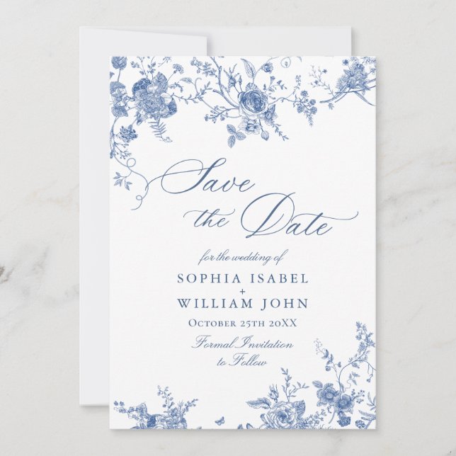 Save The Date Victorian Blue Floral Mariage code QR Enregistrer (Devant)