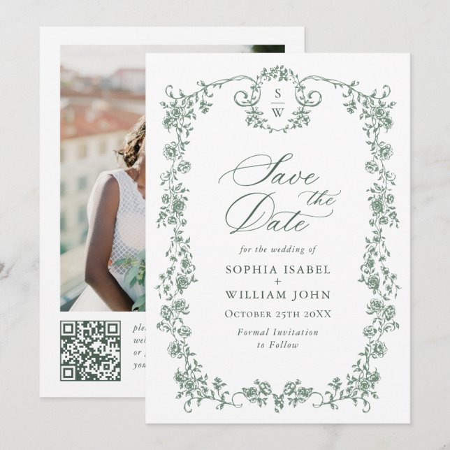Save The Date Victorian Ornate Grace QR code Mariage Photo (Devant / Derrière)