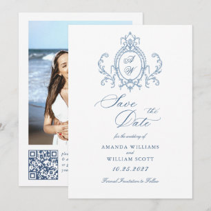 Save The Date Victorien Ornate Grace Floral Dusty Mariage bleu