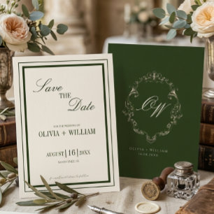 Save The Date Vieux Argent Olive Vert Élégant Monogramme Mariage