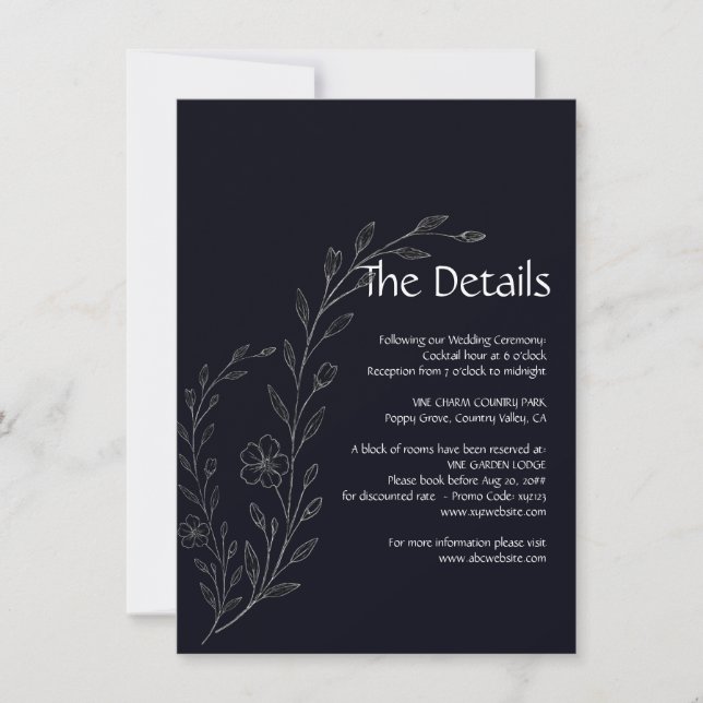 Save The Date Vigne florale minimaliste moderne simple noir & bl (Devant)