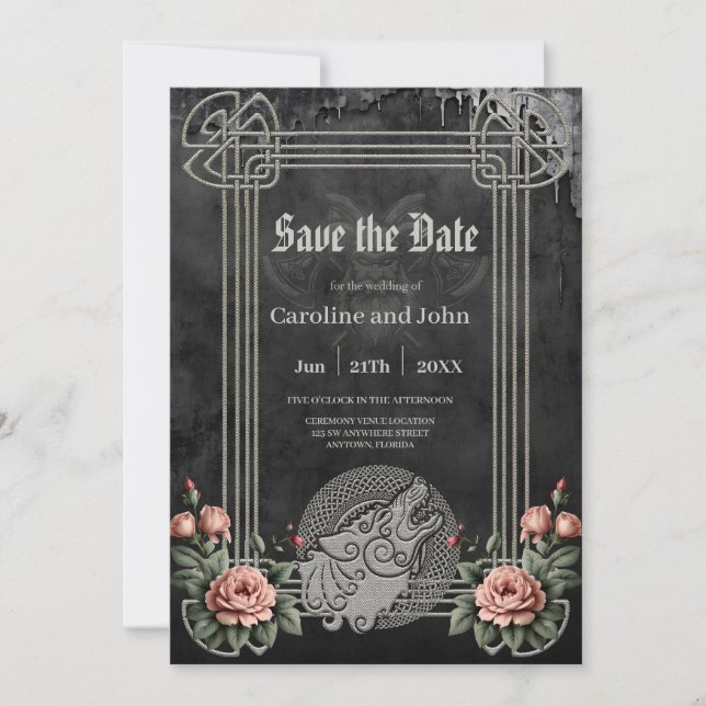 Save The Date Viking Wolf & Rose. Une tête de loup stylisée (Devant)