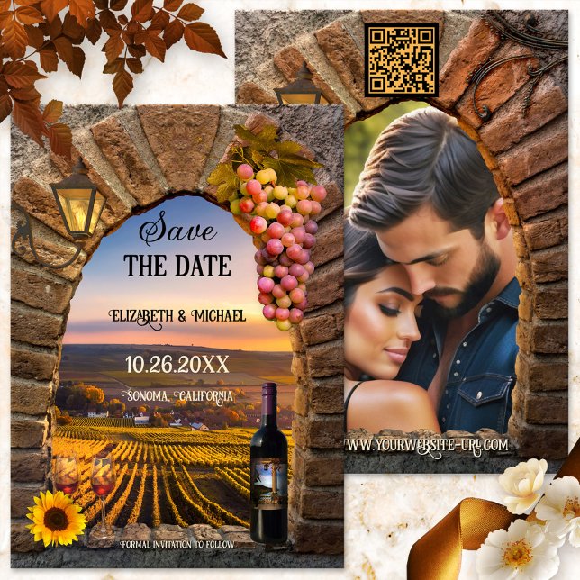 Save The Date Vin italien Mariage photo à thème (Romantic Save the Date card showing a Roman arch with lantern, wine and grapes - Italian - vineyard)