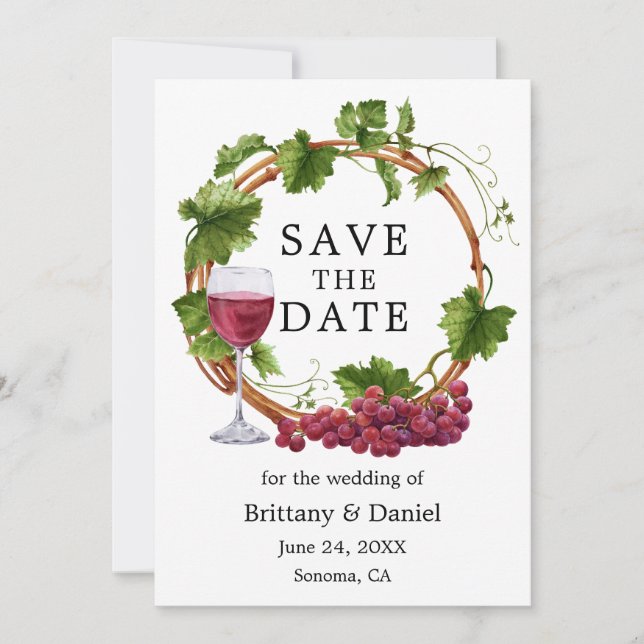 Save The Date Vins de raisin élégant moderne Aquarelle Wreath (Devant)
