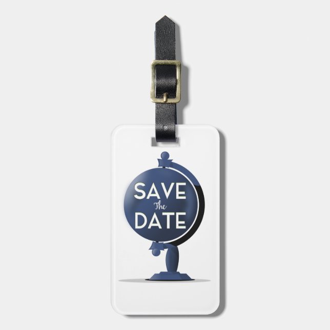 Save the Date Vintag Globe Gepäckanhänger (Vorderseite vertikal)