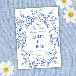 Save The Date Vintage Bleu Orné Cadres Mariage Enregistrer La Da