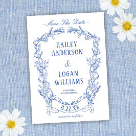 Save The Date Vintage Blue Floral Frame Mariage Enregistrer La D