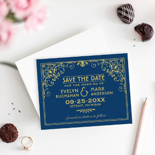 Save The Date Vintage Dark Navy Blue et Gold Art Déco Mariage