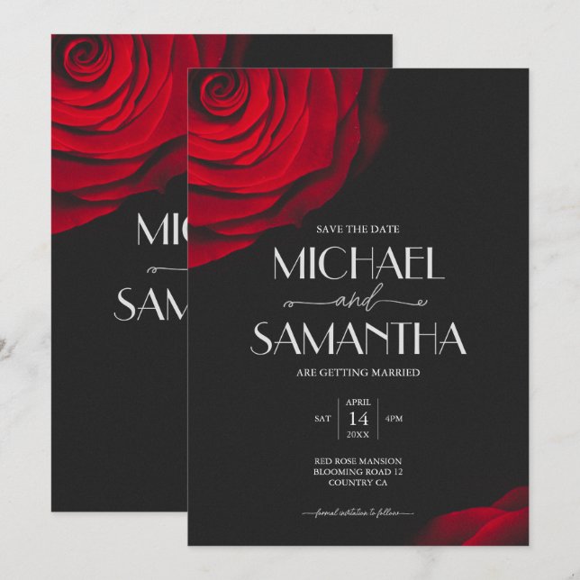 Save The Date Vintage écarlate rouge rose pétale mariage (Devant / Derrière)