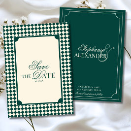 Save The Date Vintage Emerald Green Checkered Old Money Wedding