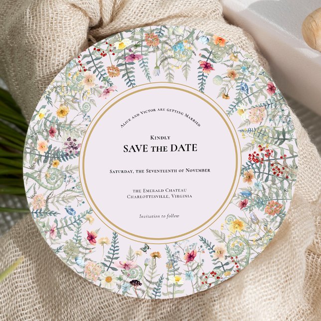 Save The Date Vintage Fleur sauvage Fern Lavender Mariage Round (Créateur téléchargé)