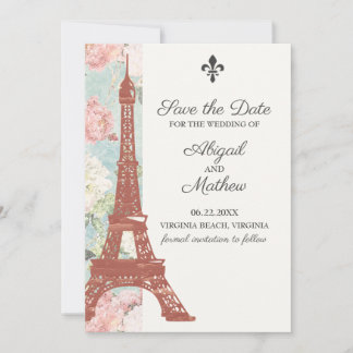 Save The Date Vintage Floral Tour Eiffel Paris Mariage bleu