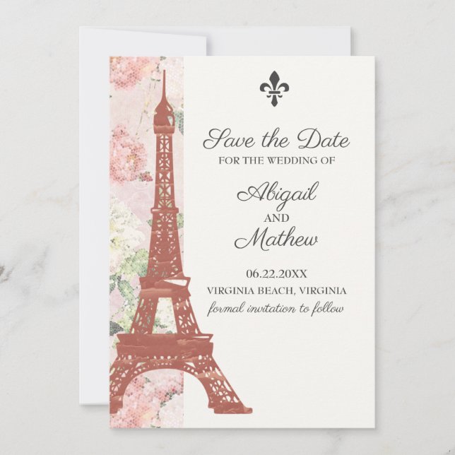 Save The Date Vintage Floral Tour Eiffel Paris Mariage rose (Devant)