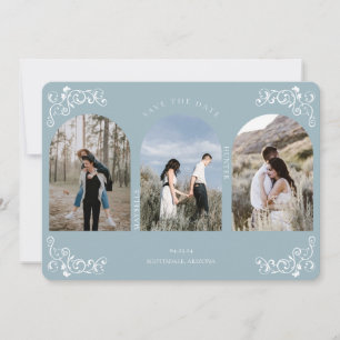 Save The Date Vintage Flourish Scroll Blue 3 Photos