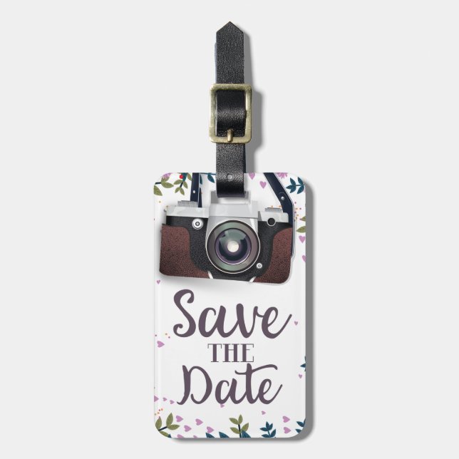 Save the Date Vintage Kamera Gepäckanhänger (Vorderseite vertikal)