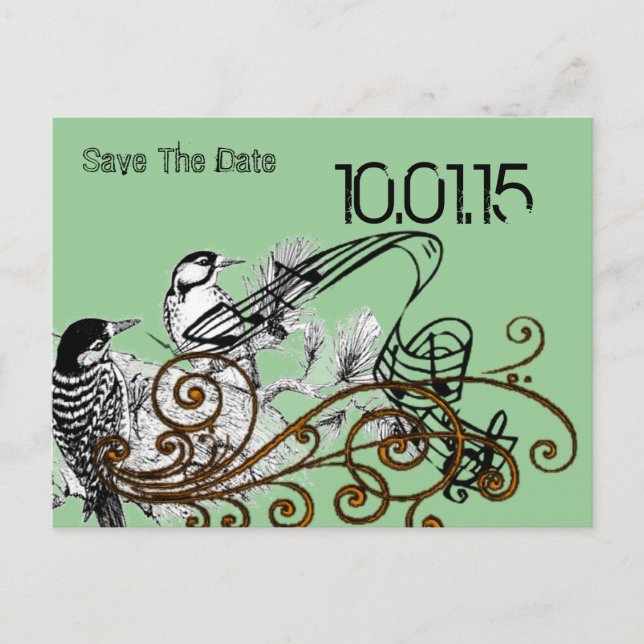 Save the Date - Vintage Liebesvögel Ankündigungspostkarte (Vorderseite)