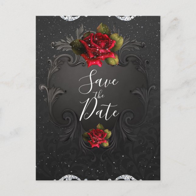 Save the Date Vintage Rote Rosen Ankündigungspostkarte (Vorderseite)