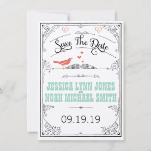 Save The Date Vintage Rustic Hearts Mint Coral Enregistrer la da