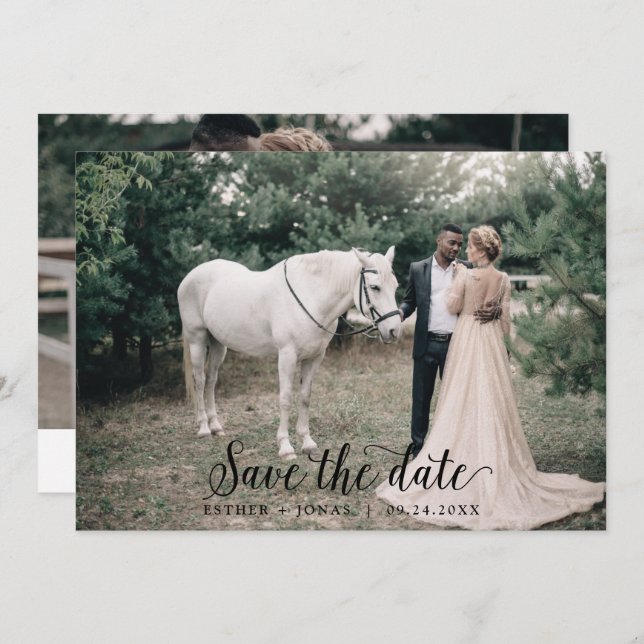 Save The Date Vintage Script Horizontal Lumière Photo (Devant / Derrière)