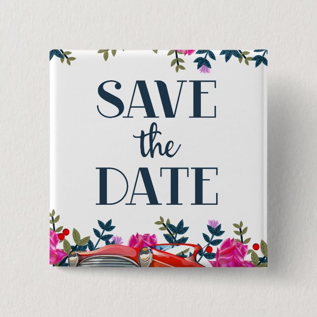 Save the Date Vintages Rotes Auto Button (Vorderseite)
