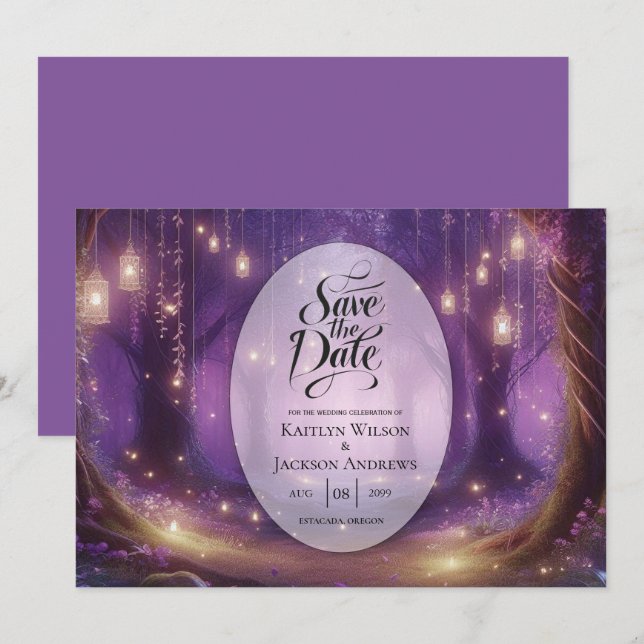 Save The Date Violet à minuit Mariage de forêt enchantée (Devant / Derrière)