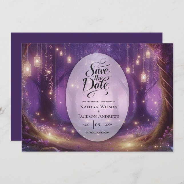 Save The Date Violet à minuit Mariage de forêt enchantée (Devant / Derrière)