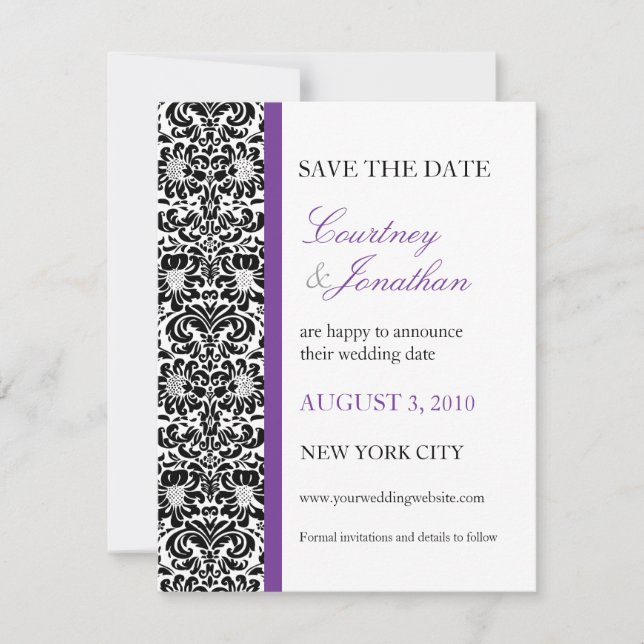 Save The Date Violet Accentué Damassé Enregistrer la Date (Devant)