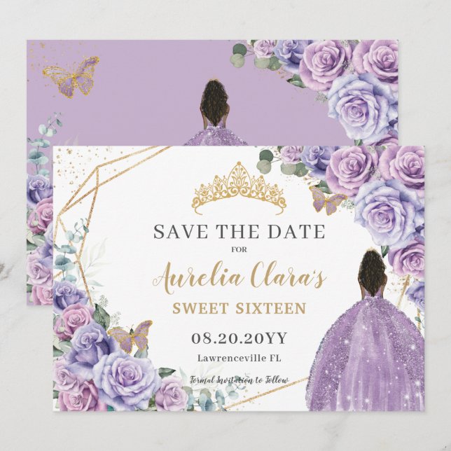 Save The Date Violet Lilac Floral Or Quinceanera Sweet sixteen (Devant / Derrière)