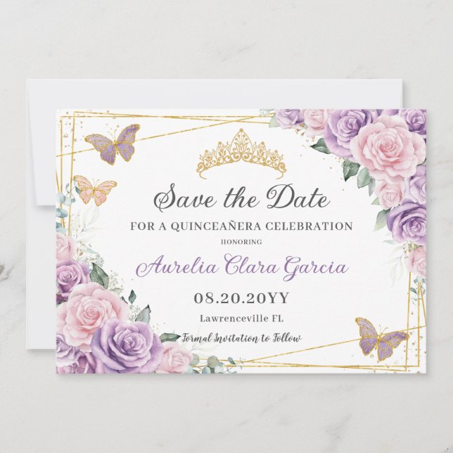 Save The Date Violet Lilac rose Floral Quinceañera Sweet sixteen (Devant)