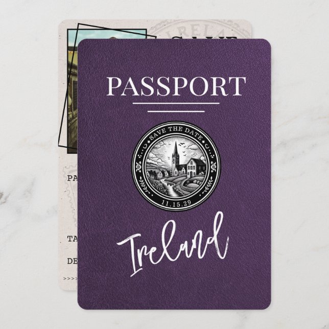 Save The Date Violet Purple Ireland Passeport Enregistrer La Dat (Devant / Derrière)