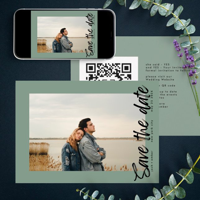 Save The Date Voies latérales QR Code Photo Sage Vert Blanc (Créateur téléchargé)