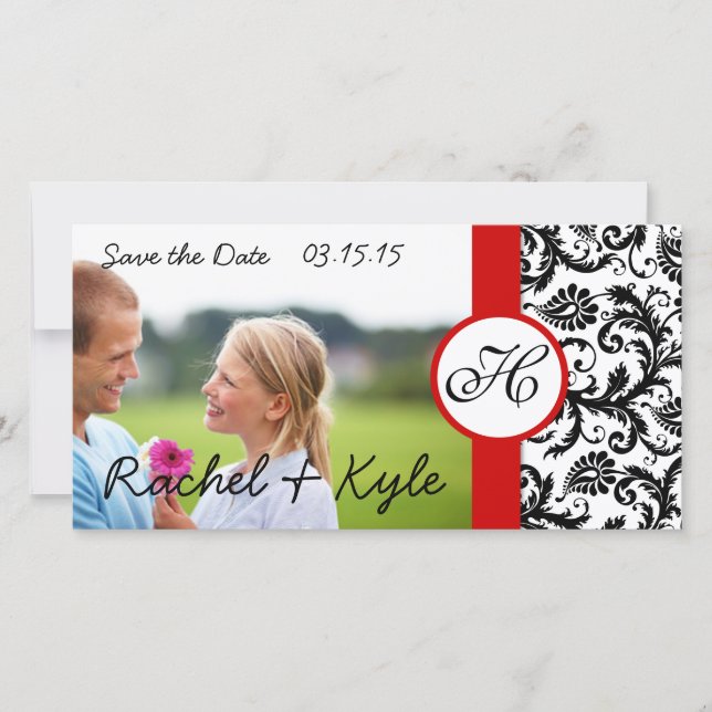 Save The Date Votre photo Black Damask Red Trim Enregistrer la d (Devant)
