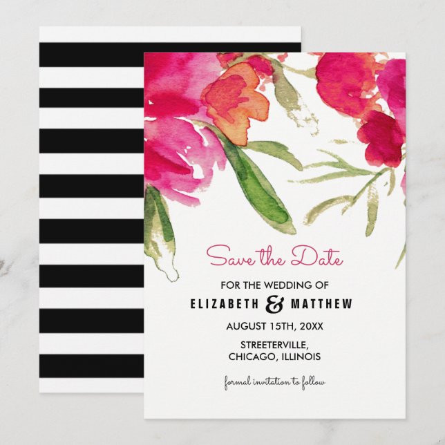 Save The Date. Wasserfarbe Fuchsia Blumenzehen Save The Date (Vorne/Hinten)