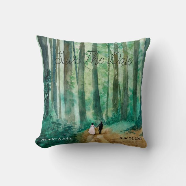 Save the Date Wasserfarbenwaldlandschaft Kissen (Vorderseite)