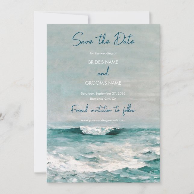 Save The Date Watercolor Beach Ocean Waves Monogram Mariage (Devant)