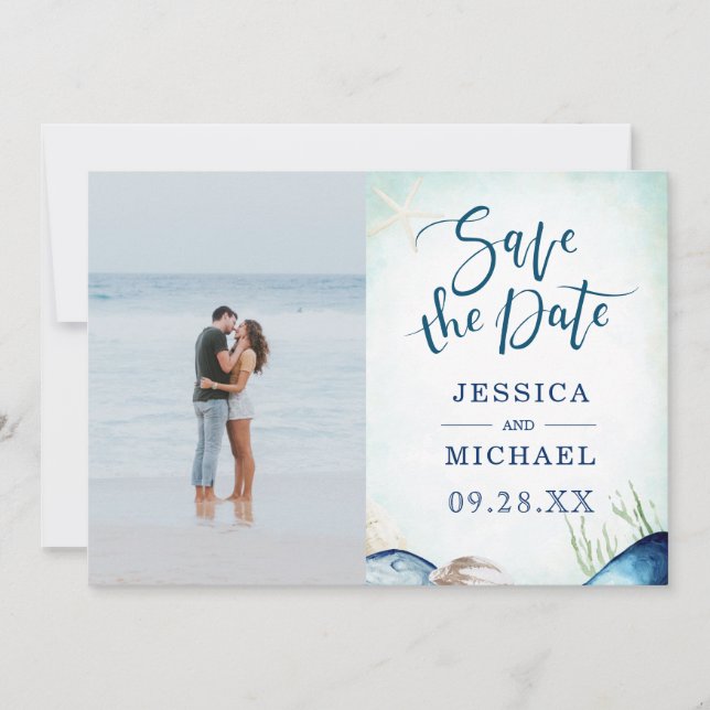 Save The Date Watercolor Beach Seashell Calligraphie (Devant)