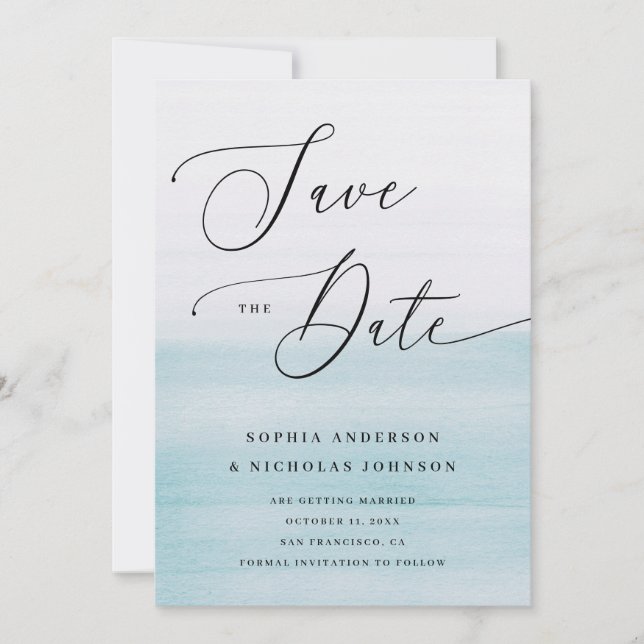 Save The Date Watercolor Blue Coastal Wedding | Romantic Beach (Devant)
