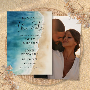 Save The Date Watercolor Blue Ocean Beach Sand Photo Mariage