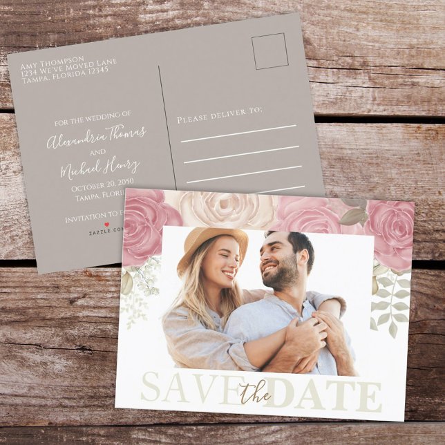 Save the Date Watercolor Burgundy Rose Ankündigungspostkarte (Von Creator hochgeladen)