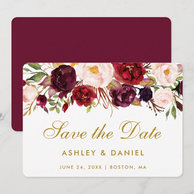 Save the Date Watercolor Floral Burgundy Gold GB (Vorne/Hinten)