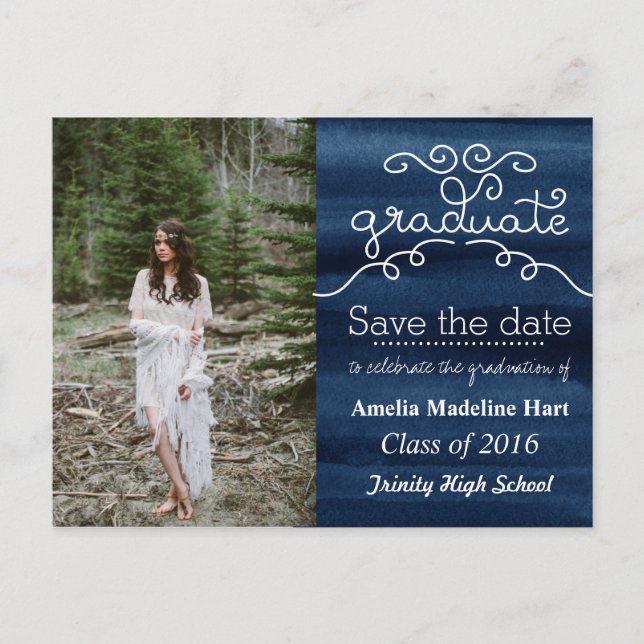 Save the Date "Watercolor Navy Blue Graduate  Foto Ankündigungspostkarte (Vorderseite)