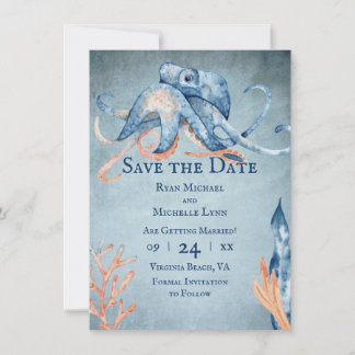 Save The Date Watercolor Octopus Sea Life Beach Mariage